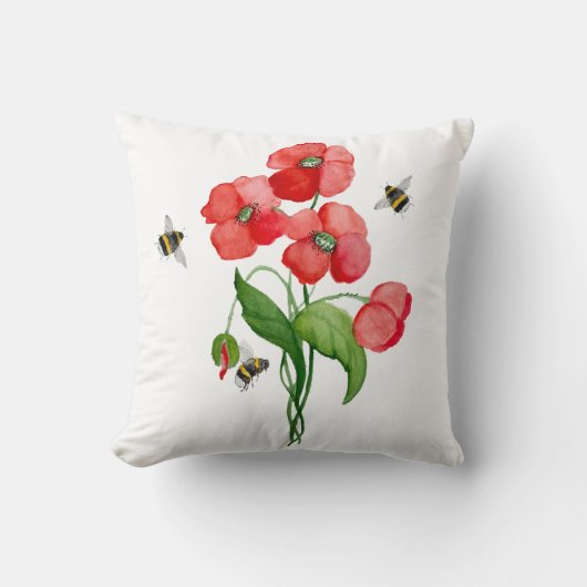 水色の緋色のケシの花とかわいいバンブルベ クッション (正面)