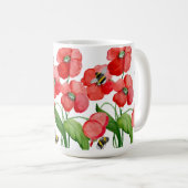 水色の緋色のケシの花とかわいいバンブルベ コーヒーマグカップ (正面右)