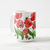 水色の緋色のケシの花とかわいいバンブルベ コーヒーマグカップ (正面左)