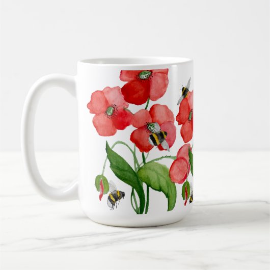 水色の緋色のケシの花とかわいいバンブルベ コーヒーマグカップ (左)
