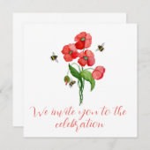 水色の緋色のケシの花とかわいいバンブルベ 招待状 (正面/裏面)