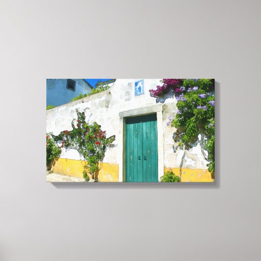 水色の緑の木製ドア キャンバスプリント (正面)