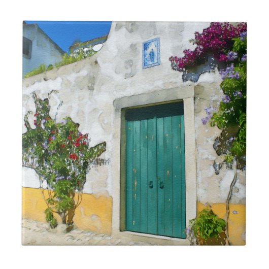 水色の緑の木製ドア タイル (正面)