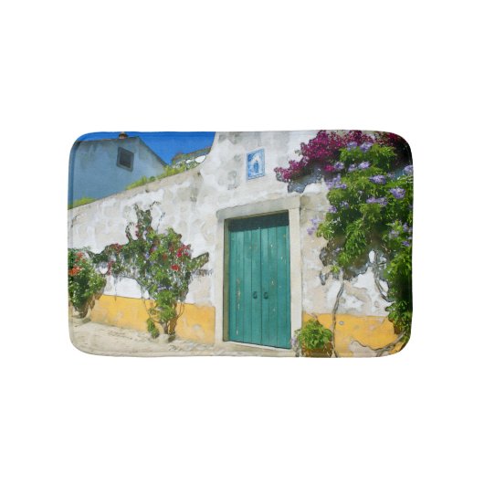 水色の緑の木製ドア バスマット (正面)