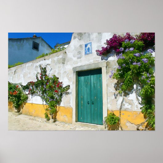 水色の緑の木製ドア ポスター (正面)