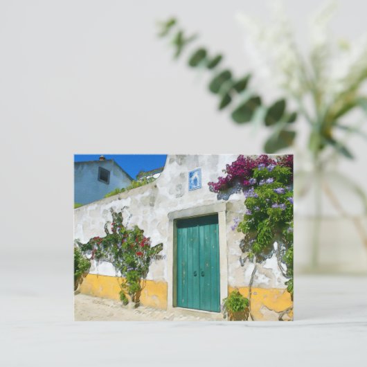 水色の緑の木製ドア ポストカード (スタンド正面)