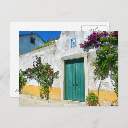 水色の緑の木製ドア ポストカード (正面/裏面)