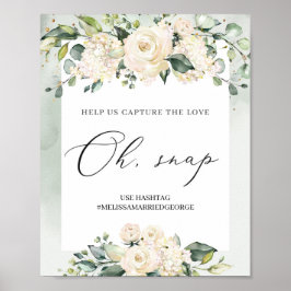 水色の緑の白いバラの葉がパチン ポスター