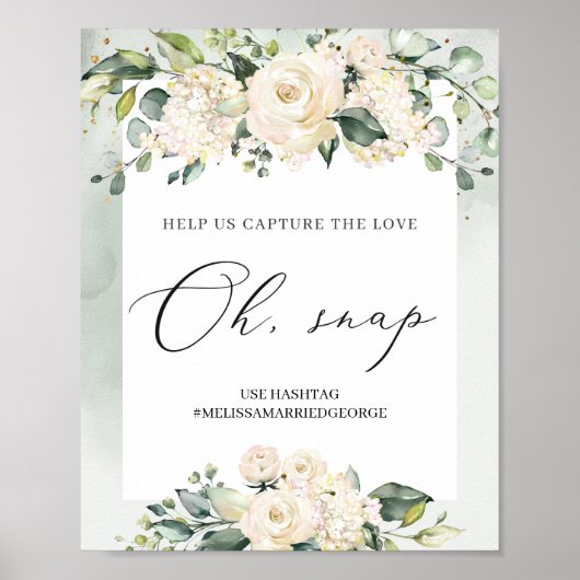 水色の緑の白いバラの葉がパチン ポスター (正面)