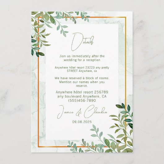 水色の緑の葉葉結婚の エンクロージャーカード (正面)