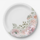 水色の繊細な花がピンク淡い色の誕生日 ペーパープレート (正面)