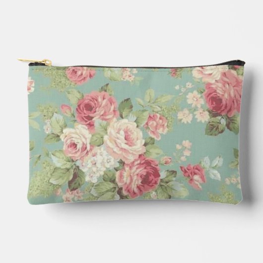 水色の背景にバラのピンク アクセサリーポーチ (正面)