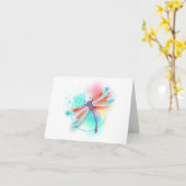 水色の背景に赤いトンボ カード (黄色い花)