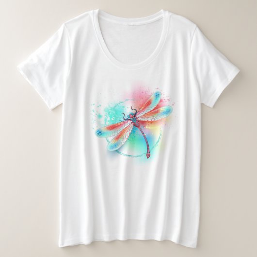 水色の背景に赤いトンボ プラスサイズTシャツ (デザイン正面)
