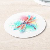 水色の背景に赤いトンボ ラウンドペーパーコースター (アングル)