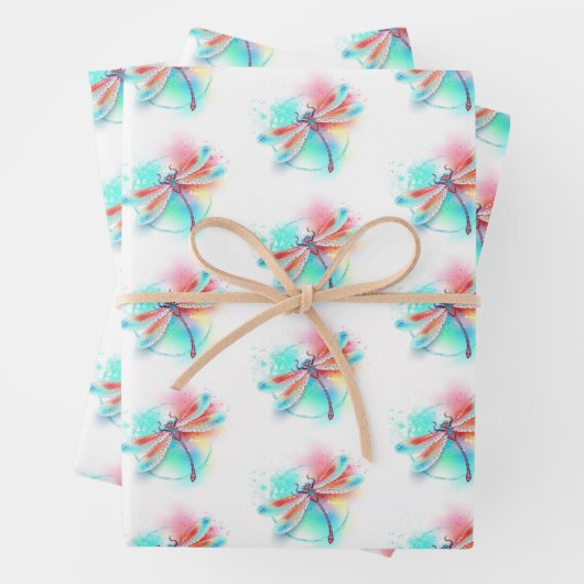 水色の背景に赤いトンボ ラッピングペーパーシート (インサイチュ)