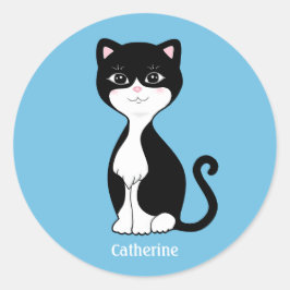 水色の背景のかわいいタキシード猫のキャラクター ラウンドシール