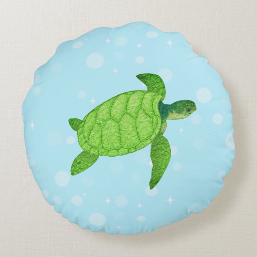 水色の背景のウミガメ ラウンドクッション (裏面)
