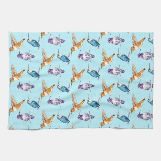 水色の背景を持つハミングバードトリオ キッチンタオル (横)