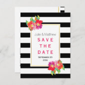 水色の花とストライプ結婚式の日付を保存 案内ポストカード (正面/裏面)