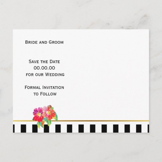 水色の花とストライプ結婚式の日付を保存 案内ポストカード (裏面)