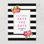 水色の花とストライプ結婚式の日付を保存 案内ポストカード (正面)