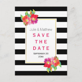 水色の花とストライプ結婚式の日付を保存 案内ポストカード