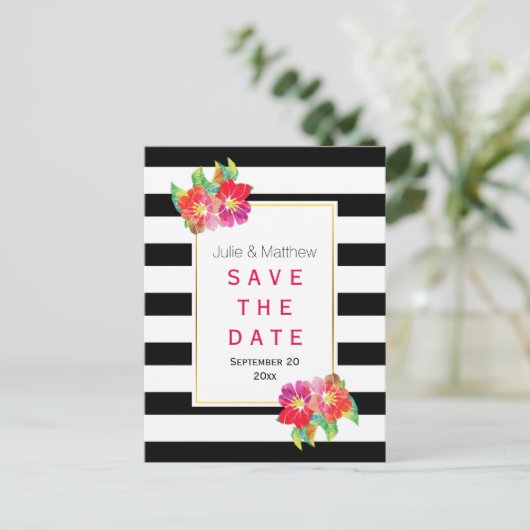 水色の花とストライプ結婚式の日付を保存 案内ポストカード (スタンド正面)