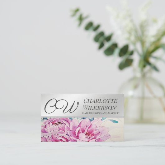 水色の花とメタリックシルバーフローラ 名刺