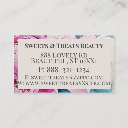 水色の花とメタリックシルバーフローラ 名刺 (裏面)