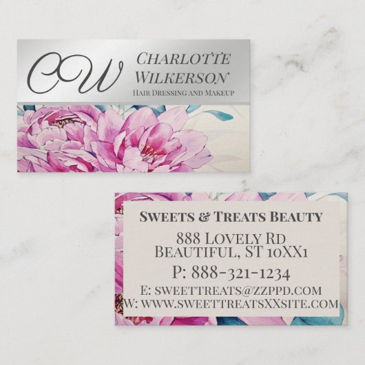 水色の花とメタリックシルバーフローラ 名刺 (正面/裏面)