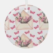 水色の花の封筒:シームレスなパターン ガラスオーナメント (正面)