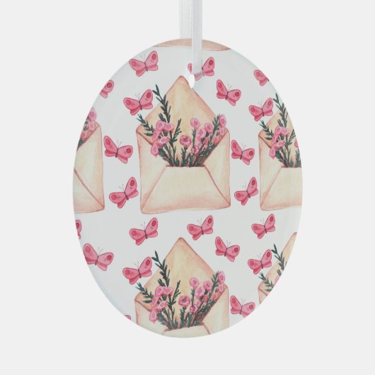 水色の花の封筒:シームレスなパターン ガラスオーナメント (正面右)