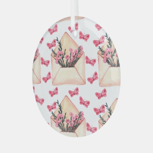 水色の花の封筒:シームレスなパターン ガラスオーナメント (正面左)