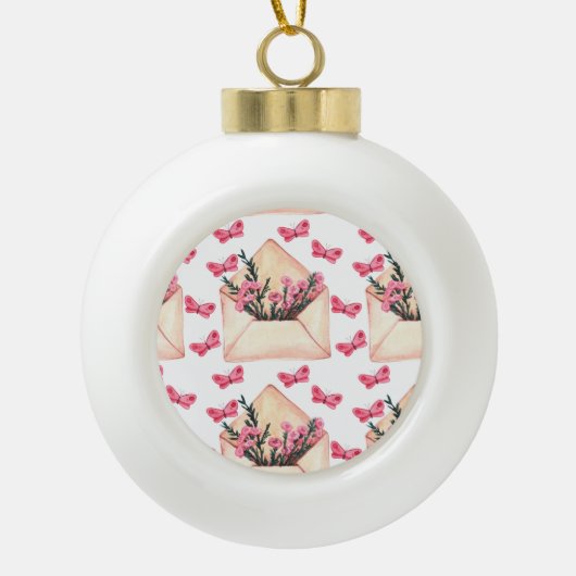 水色の花の封筒：シームレスなパターン セラミックボールオーナメント (正面)