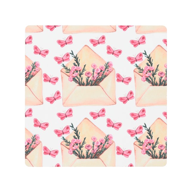 水色の花の封筒：シームレスなパターン メタルプリント (正面)