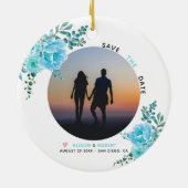 水色の花の結婚式Dateの写真を保存 セラミックオーナメント (裏面)