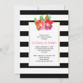 水色の花ストライプと結婚カップルのシャワー 招待状