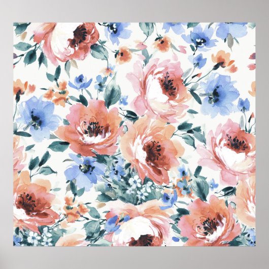 水色の花、シームレスなパターンイラストレーション。 ポスター (正面)
