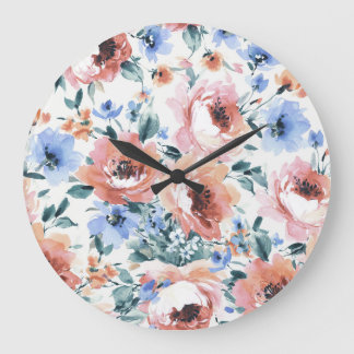 水色の花、シームレスなパターンイラストレーション。 ラージ壁時計