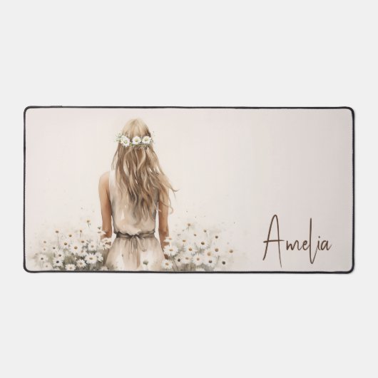水色の若い女性のデイジー草原 デスクマット (正面)