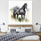 水色の草地に咲く美しい黒い牡馬 キャンバスプリント (インサイチュ (寝室))
