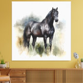 水色の草地に咲く美しい黒い牡馬 キャンバスプリント (インサイチュ (リビング))