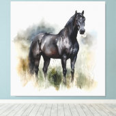 水色の草地に咲く美しい黒い牡馬 キャンバスプリント (インサイチュ (ウッドフロア))