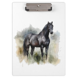 水色の草地に咲く美しい黒い牡馬 クリップボード