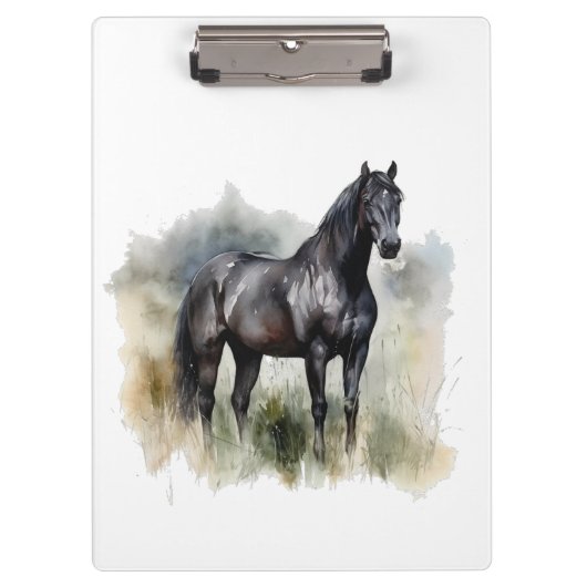 水色の草地に咲く美しい黒い牡馬 クリップボード (正面)