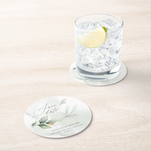 水色の葉と金ゴールドの結婚式は日付を保存 ラウンドペーパーコースター