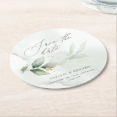 水色の葉と金ゴールドの結婚式は日付を保存 ラウンドペーパーコースター (アングル)