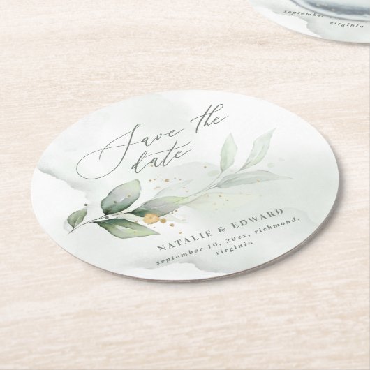 水色の葉と金ゴールドの結婚式は日付を保存 ラウンドペーパーコースター (アングル)