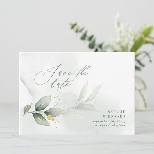 水色の葉と金属金ゴールド結婚の セーブザデート (スタンド正面)